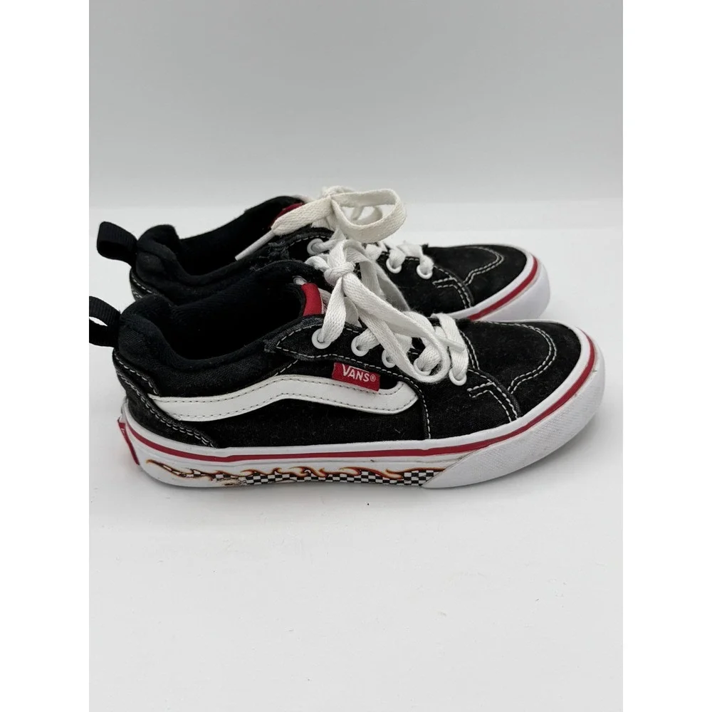 Vans Filmore Kids Low Top Flame Check Sidewall Black Skate Shoes Sneakers Sz 12